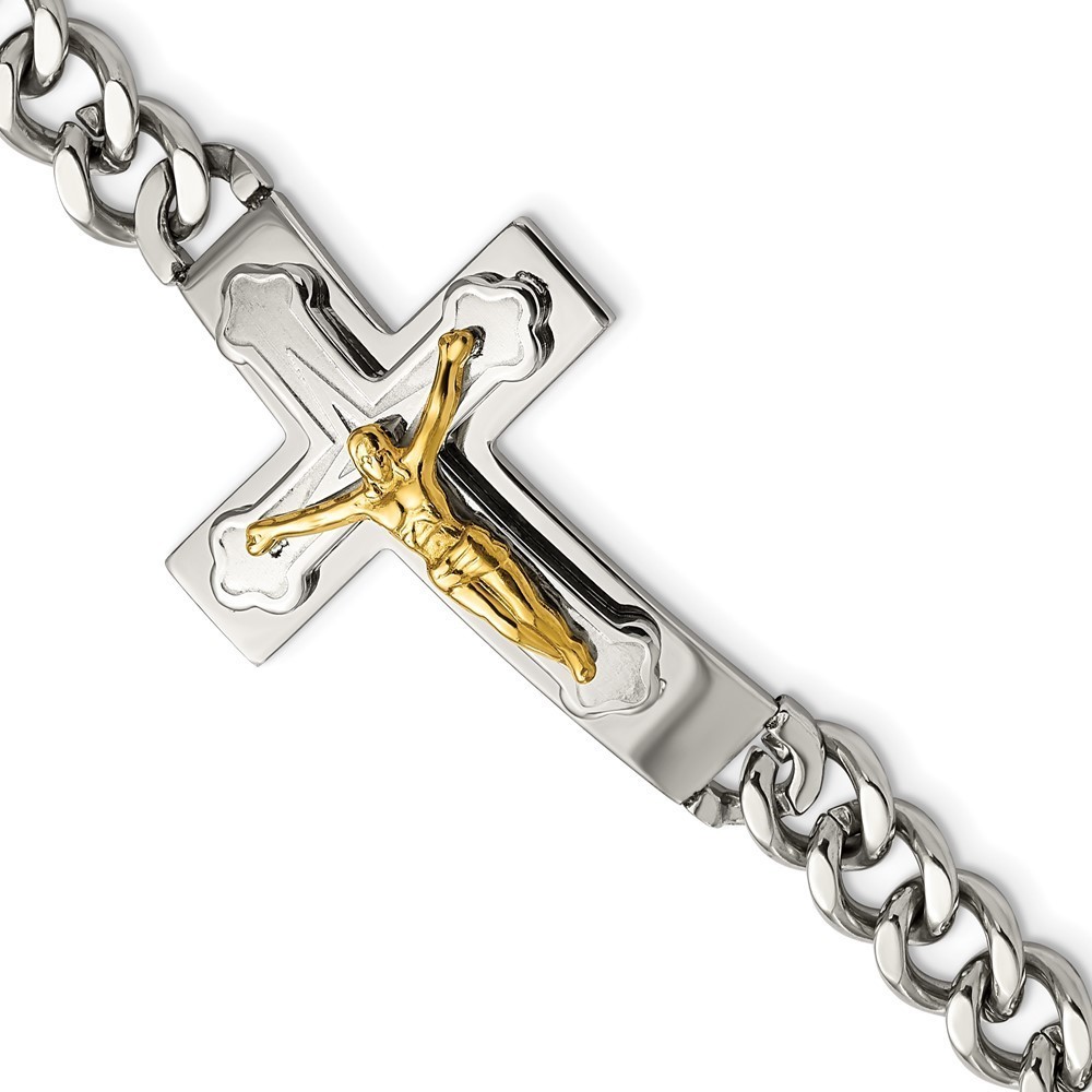 Million Charms Chisel Stainless Steel Yellow IP-plated Crucifix 8 inch Bracelet